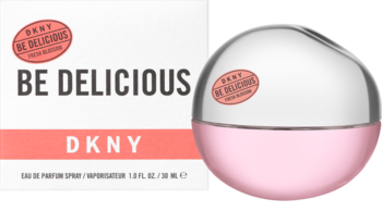 DKNY Be Delicious Fresh Blossom, różowa woda perfumowana w jabłkowej butelce z pudełkiem, widok z przodu.