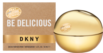 DKNY Be Delicious Gold woda perfumowana w złotym flakonie-jabłku obok brązowego pudełka z napisem, widok z przodu.