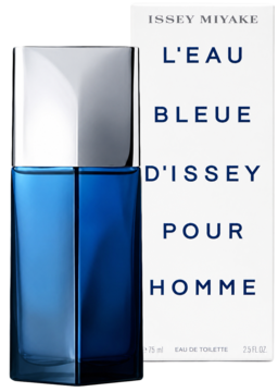 Woda toaletowa Issey Miyake L'Eau Bleue d'Issey Pour Homme. Prostokątna niebieska butelka obok białego pudełka.