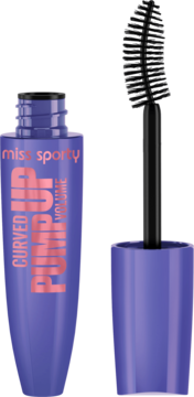 Fioletowy tusz Miss Sporty Pump Up Curved Volume, otwarta tuba i czarna wygięta szczoteczka obok.