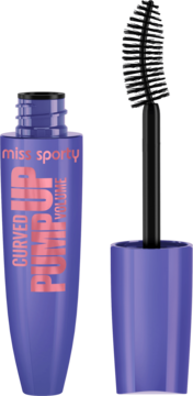 Fioletowy tusz Miss Sporty Pump Up Curved Volume, otwarta tuba i czarna wygięta szczoteczka obok.