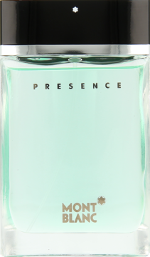 Męska woda toaletowa Mont Blanc Presence w szklanej butelce z jasnym zielonym płynem i czarną nakrętką, widok z przodu.