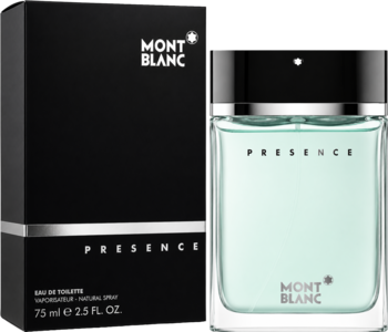 Mont Blanc Presence orientalno-przyprawowa woda toaletowa 75 ml, butelka z jasnozielonym płynem, obok czarne pudełko.