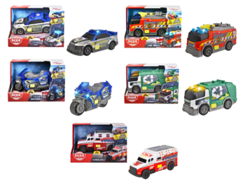 Zabawkowe pojazdy: policyjny samochód i motocykl, straż pożarna, śmieciarka, ambulans. Widoczne w pudełkach i luzem. Z funkcją światła i dźwięku.