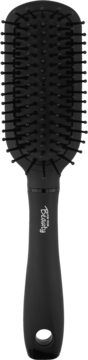 Czarna szczotka do włosów typu paddle brush z elastycznymi ząbkami i ergonomiczną rączką, widok z przodu.