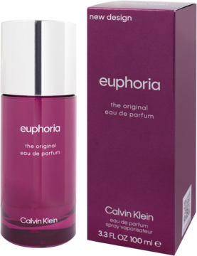 Calvin Klein Euphoria Original eau de parfum, magenta butelka z srebrnym korkiem i pudełko obok.