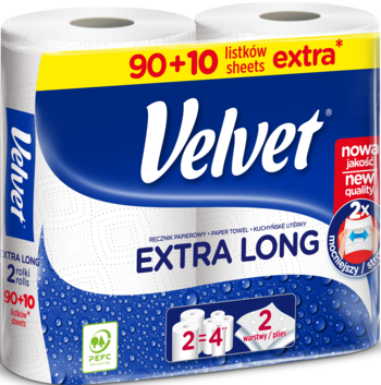 Velvet Extra Long ręczniki papierowe 90+10 listków, 2 białe rolki w niebiesko-żółtym opakowaniu, widok z przodu.