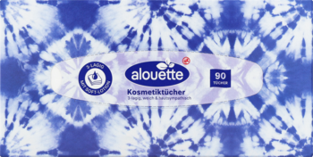 Alouette chusteczki kosmetyczne, 90 sztuk. Niebiesko-białe opakowanie w wzór tie-dye, widok z przodu.