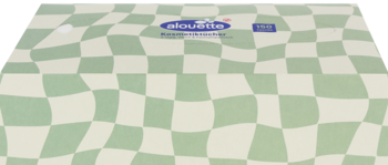 Absolulte chusteczki kosmetyczne 150 szt. w pudełku z zielono-białym falistym wzorem, widok z góry.