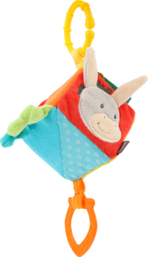 Pluszowa kostka aktywności z pyszczkiem osiołka, wielobarwna, żółty klips, pomarańczowy gryzak, na czarnym tle.