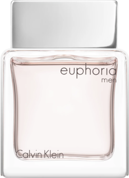 Calvin Klein Euphoria Men EDT, prostokątny szklany flakon z różowym płynem i srebrną nakrętką, z przodu.