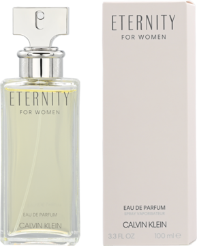 Damska woda perfumowana Calvin Klein Eternity, szklana butelka z jasnym płynem i pastelowe pudełko, widok z przodu.