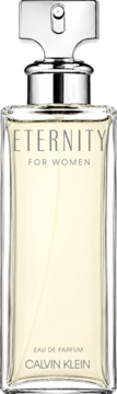 Calvin Klein Eternity dla kobiet, woda perfumowana, prostokątna szklana butelka ze srebrną nakrętką, widok z przodu.