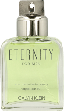 Calvin Klein Eternity For Men EDT, jasnozielona butelka z prostokątną srebrną nakrętką, widok z przodu.