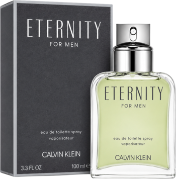 Calvin Klein Eternity for Men EDT, butelka z zielonym płynem i ciemnoszare pudełko, widok z przodu na białym tle.