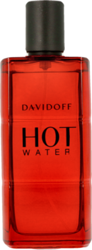Czerwony, prostokątny flakon Davidoff Hot Water z czarnym korkiem, poziome żłobienia, widok z przodu.