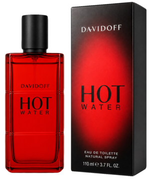 Davidoff Hot Water woda toaletowa 110ml, czerwona butelka i opakowanie z czarnym tłem, widok z przodu.