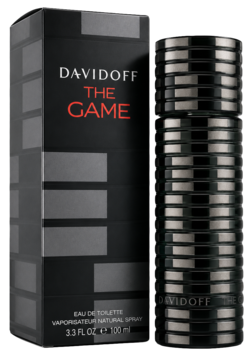Davidoff The Game EDT, butelka z czarnymi i metalicznymi, ułożonymi jak żetony, paskami oraz pudełko.