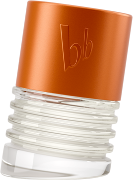 bruno banani Absolute Man woda toaletowa. Pomarańczowa zakrętka z logo "bb", widoczny szklany gwint, widok pod kątem.