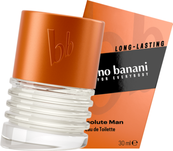 Pomarańczowa butelka Bruno Banani Absolute Man EDT 30ml z nietypowym korkiem, częściowo widoczne opakowanie.