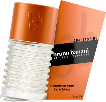 Prążkowany flakon Bruno Banani Absolute Man EDT 50 ml z pomarańczową nakrętką, stojący przed pomarańczowym pudełkiem.