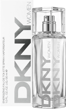 DKNY Women Energizing woda toaletowa, butelka i białe pudełko z pionowym srebrnym napisem DKNY.