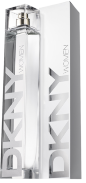 DKNY Energizing Women woda toaletowa. Przezroczysta butelka i białe pudełko z pionowym napisem "DKNY WOMEN".