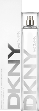 DKNY Energizing Women woda toaletowa, przezroczysta butelka i białe pudełko obok siebie. Napisy DKNY i WOMEN pionowo na obu.