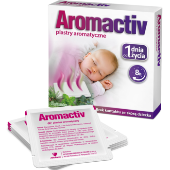 Aromactiv plastry aromatyczne: białe pudełko z niemowlęciem, obok 3 białe saszetki, działanie 8h od 1. dnia życia.