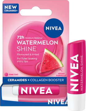Różowa pomadka nawilżająca NIVEA Watermelon Shine z ceramidami i kolagenem, widok opakowania i sztyftu z arbuzem.