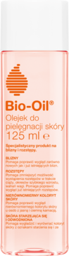 Bio-Oil Olejek do skóry 125ml na blizny/rozstępy. Przezroczysta butelka z pomarańczową etykietą, widok z przodu.