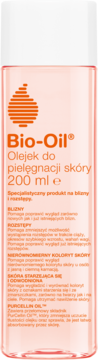 Bio-Oil Olejek do pielęgnacji skóry 200ml, przezroczysta butelka z pomarańczowym tekstem na blizny, rozstępy, widok z przodu.
