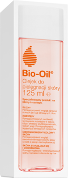 Bio-Oil® olejek do pielęgnacji skóry 125 ml. Butelka z widoczną etykietą na tle białego opakowania, z przodu.