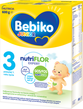 Bebiko Junior 3 NUTRIflor Expert, żółto-białe opakowanie 600g z napisem '3' i misiem, widok z przodu.