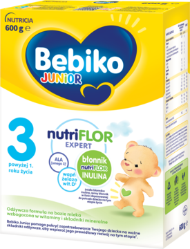 Żółto-białe pudełko Bebiko Junior 3 NUTRIflor Expert, 600g, mleko dla dzieci po 1 roku, z ALA i witaminą D.
