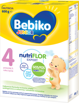 Bebiko Junior 4 NutriFlor Expert mleko, żółto-białe opakowanie 600g z misiem i logo, widok z przodu.