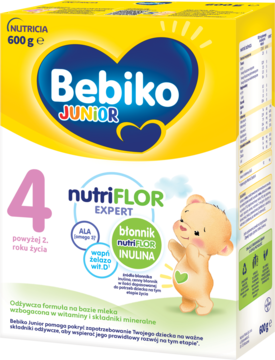 Bebiko Junior 4 nutriFLOR Expert, mleko modyfikowane po 2. roku życia, żółto-różowe opakowanie z misiem, widok z przodu.
