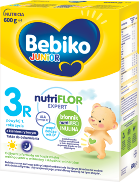 Front opakowania Bebiko Junior 3R, mleko modyfikowane z nutriFLOR EXPERT i kleikiem ryżowym, żółto-białe, 600g.