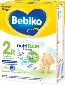 Mleko Bebiko 2R NUTRIflor Expert z kleikiem ryżowym, żółto-białe kartonowe opakowanie 600g, widok z przodu.