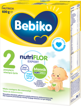 Bebiko 2 NUTRIflor Expert mleko następne 600g, żółto-białe opakowanie z sercem i misiem, widok z przodu.