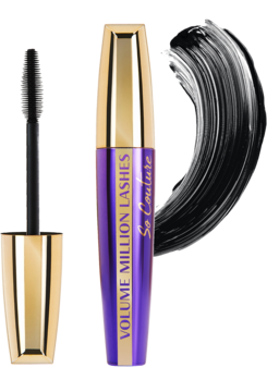 Fioletowo-złoty tusz L'Oréal Volume Million Lashes So Couture z wyjętą szczoteczką i próbką czarnej formuły.