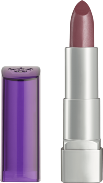 Otwarta pomadka Rimmel Moisture Renew w odcieniu Vintage Pink z kremową formułą, lśniącą i fioletową nakrętką.