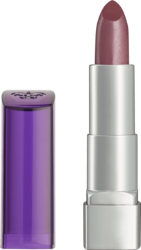 Otwarta pomadka Rimmel Moisture Renew w odcieniu Vintage Pink z kremową formułą, lśniącą i fioletową nakrętką.