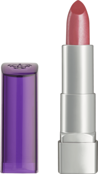 Rimmel Moisture Renew pomadka w odcieniu Latino, otwarta, różowa szminka w srebrnym etui, z fioletową zakrętką obok.