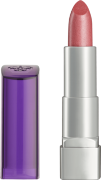 Rimmel Moisture Renew, pomadka Fancy, otwarta, różowa z połyskiem, w srebrnym etui obok fioletowej nakładki.