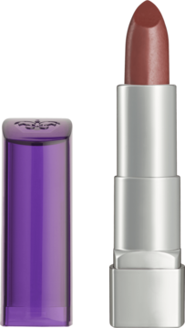 Pomadka Rimmel Moisture Renew Heather Shimmer, kremowa, otwarta, z widoczną sztyftą i fioletową nakrętką.