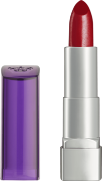 Zbliżenie na otwartą pomadkę Rimmel Moisture Renew Mayfair Red Lady z wysuniętym czerwonym sztyftem.