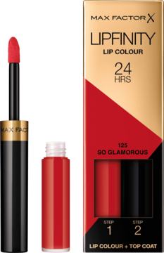 Max Factor Lipfinity Lip Colour 125 So Glamorous: czerwona pomadka, top coat i eleganckie pudełko 24H.