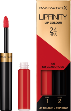 Max Factor Lipfinity Lip Colour 125 So Glamorous: czerwona pomadka, top coat i eleganckie pudełko 24H.