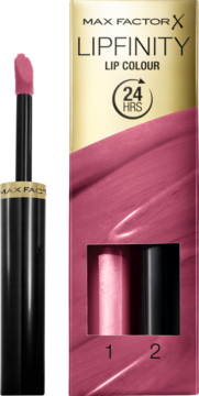Max Factor Lipfinity Lip Colour 55 Sweet, różowa pomadka z wyjętym aplikatorem i pudełkiem, widok z przodu.